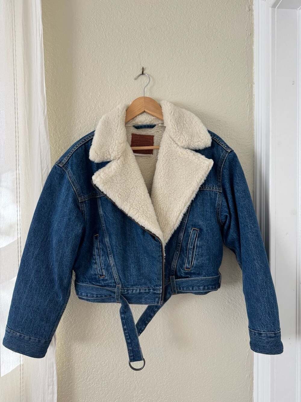Levi's Premium Sherpa Lined Denim Moto Bomber Trucker Jacket with Belt